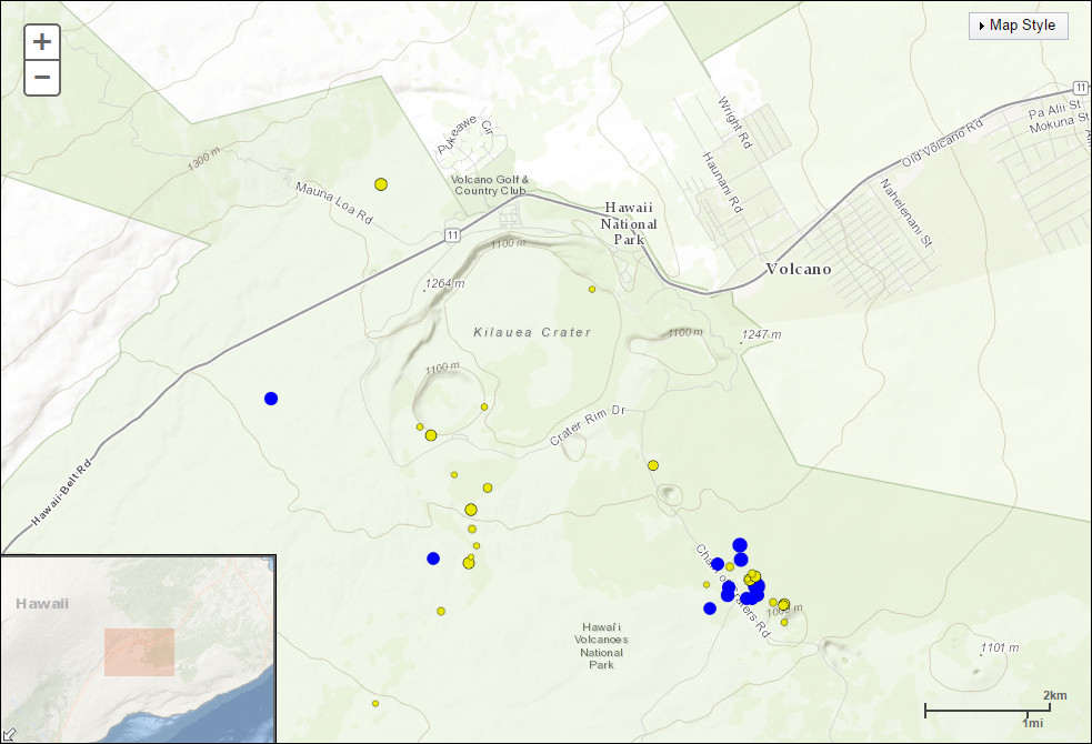 Image from today's USGS HVO earthquake activity page. Blue dots are quakes that occurred in the last two days.
