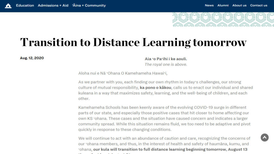 Kamehameha Schools Goes To Full Distance Learning After COVID-19 Case Reported In Student