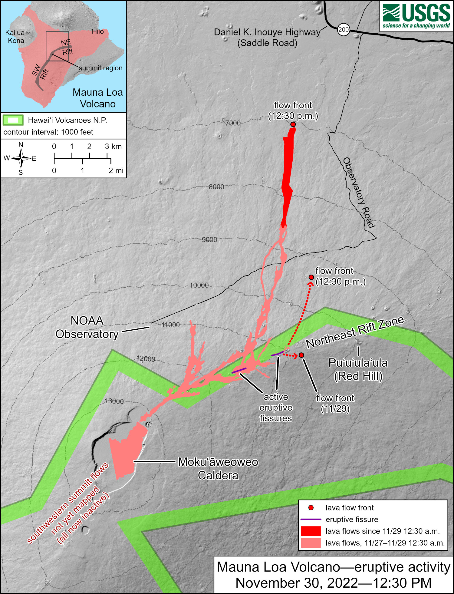 USGS: "The Northeast Rift Zone eruption of Mauna Loa has continued into its third full day. At this time two fissures are active, sending lava flows primarily to the north-northeast. Webcam and satellite views overnight allowed USGS analysts to accurately map some of the most active flows, displayed in red here, along with older flows further uprift and in part of Mokuʻāweoweo Caldera. Elsewhere the progression of the flows is marked by dashed lines and points for the flow fronts, mapped by HVO field crews. As of 12:30 p.m. today, the most downslope flow is within 4 miles (6 kilometers) of the Daniel K. Inouye Highway (Saddle Road)."