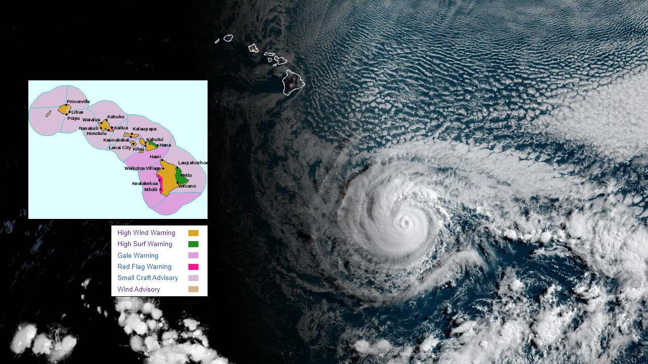Image of Hurricane Dora courtesy NOAA satellite, weather alert graphic courtesy National Weather Service