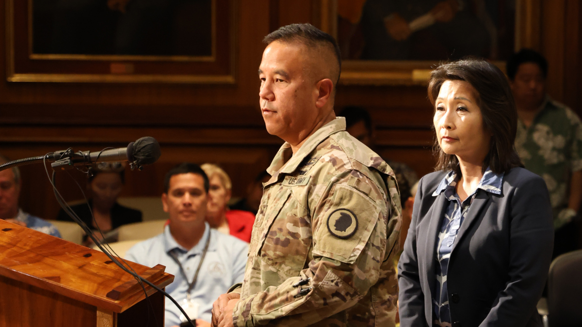 Major General Kenneth S. Hara and Lieutenant Governor Sylvia Luke at a press conference concerning the recent fires, photo courtesy State of Hawaiʻi